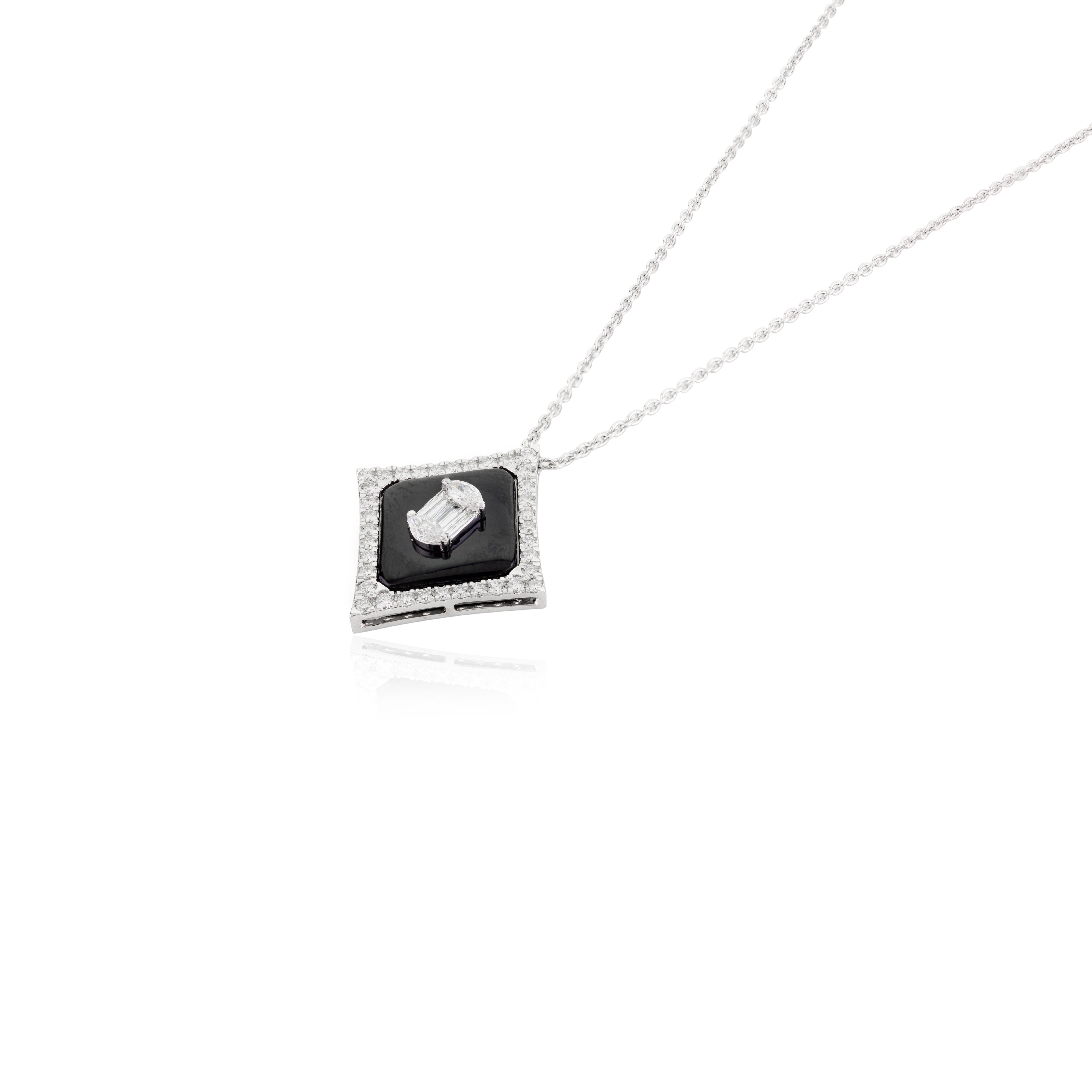 Women's Art Deco Inspired Black Onyx Diamond Pendant Necklace in 18k White Gold For Sale