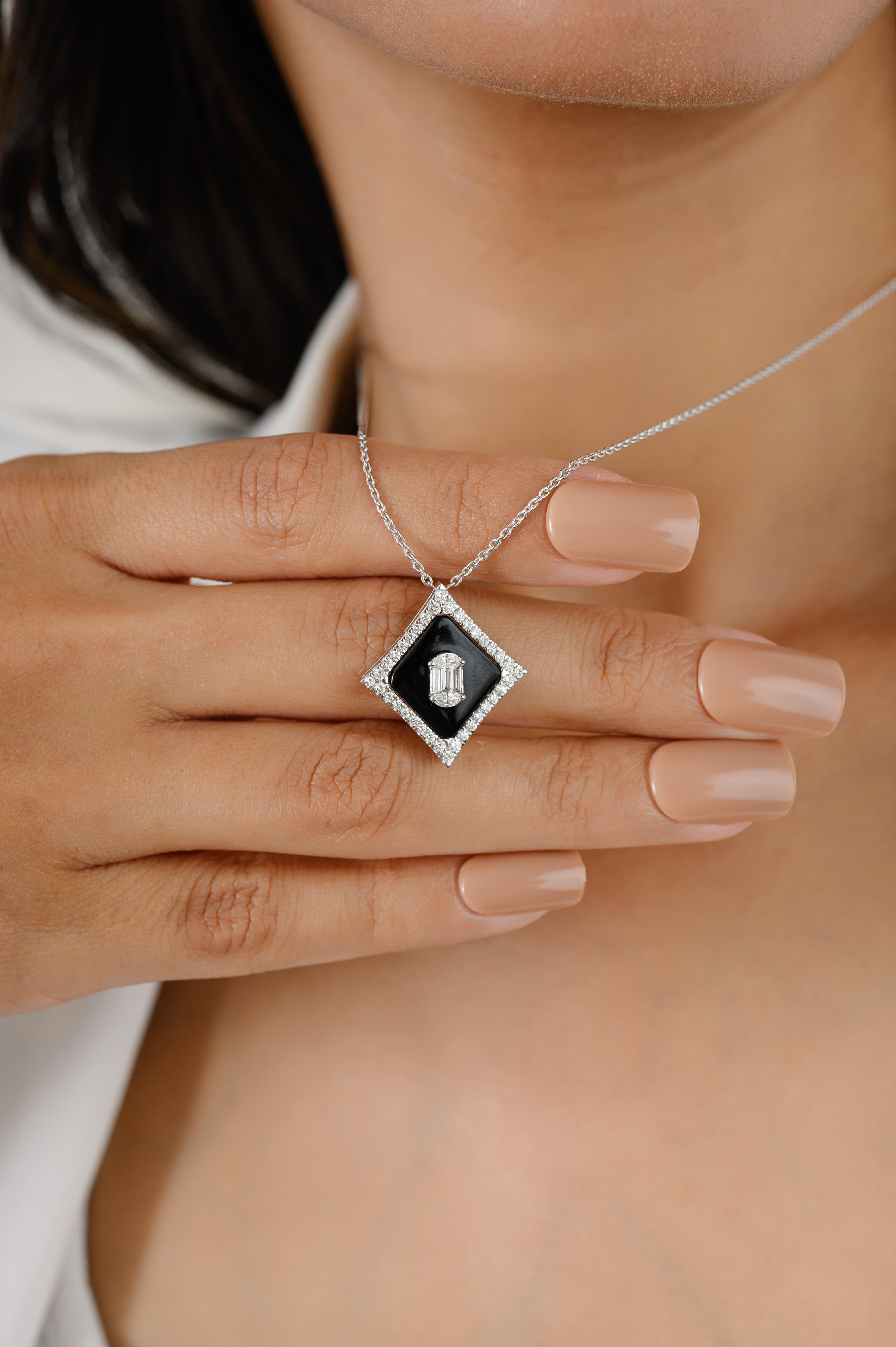 Art Deco Inspired Black Onyx Diamond Pendant Necklace in 18k White Gold For Sale 1