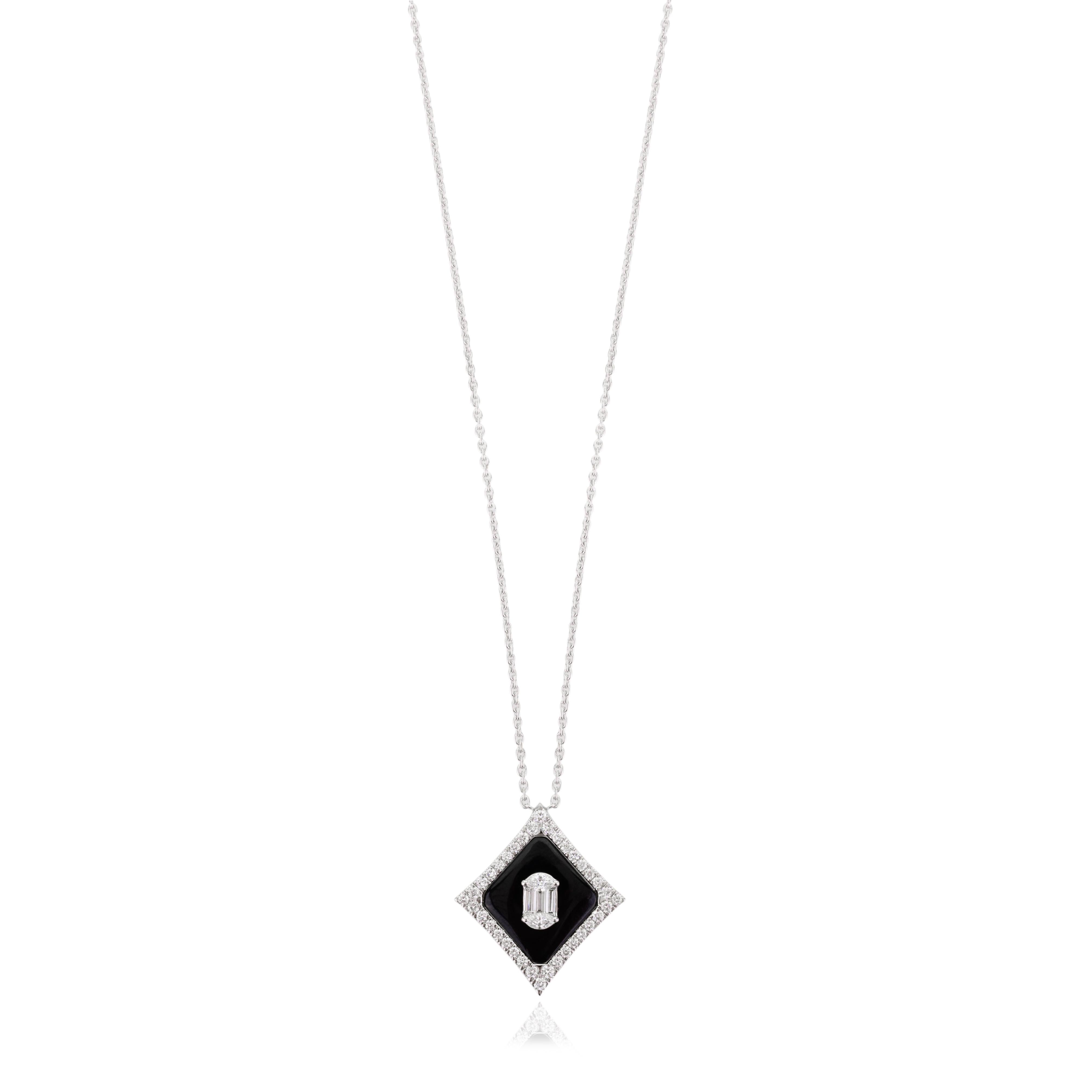 Art Deco Inspired Black Onyx Diamond Pendant Necklace in 18k White Gold For Sale 3