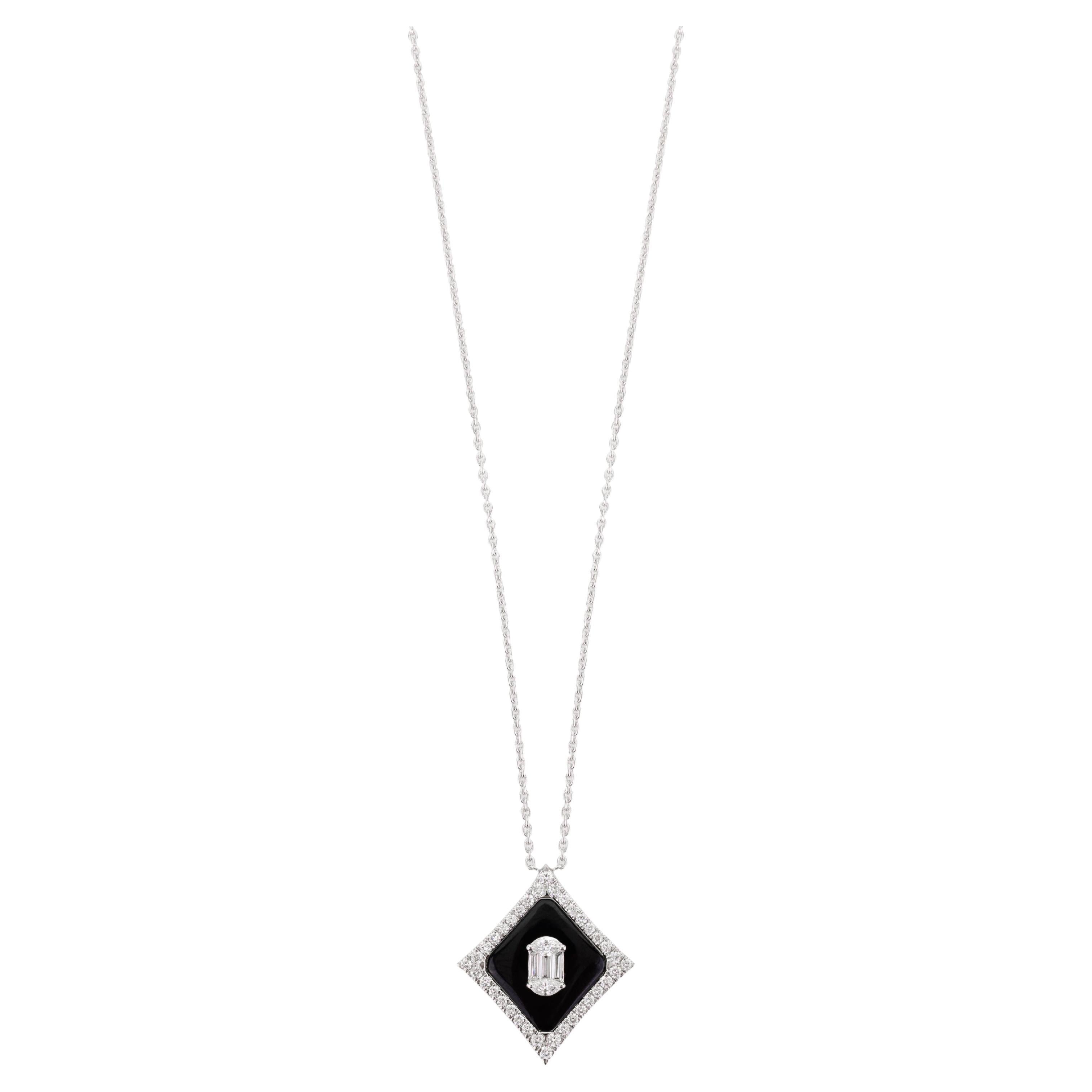 Art Deco Inspired Black Onyx Diamond Pendant Necklace in 18k White Gold For Sale