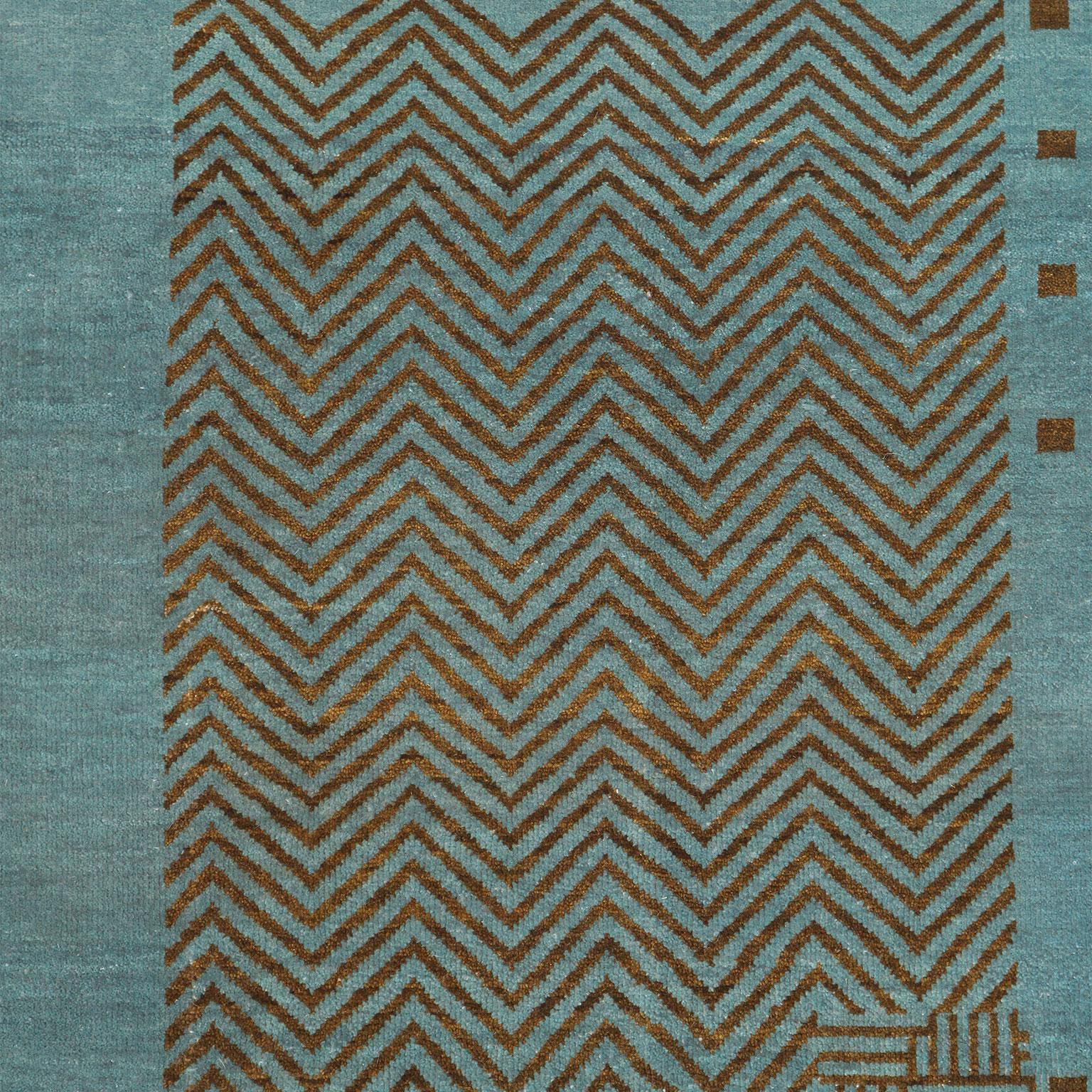 Art Deco-inspirierter blauer und brauner geometrischer Perserteppich aus Wolle, 8' x 10' (Persisch) im Angebot