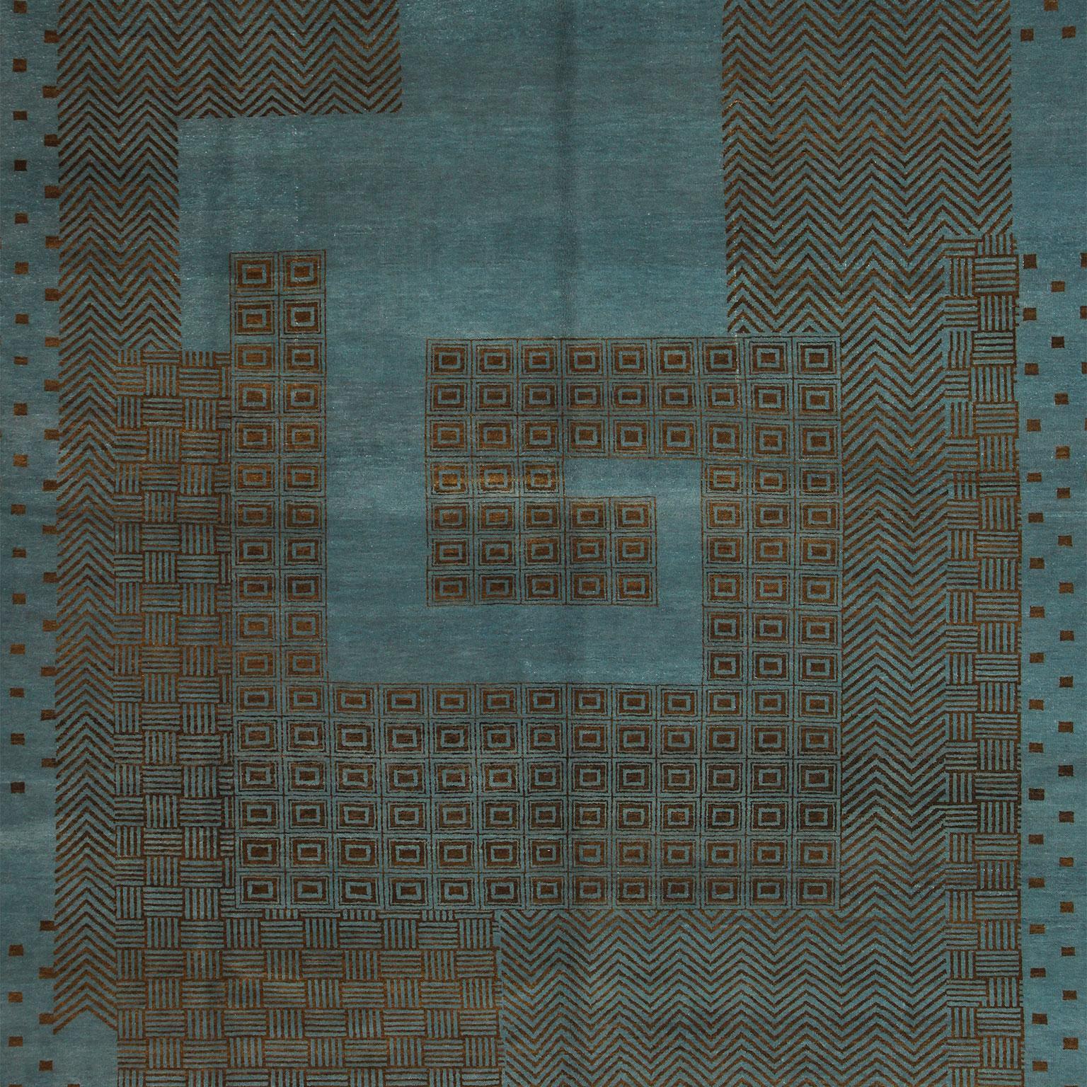 Art Deco-inspirierter blauer und brauner geometrischer Perserteppich aus Wolle, 8' x 10' im Zustand „Neu“ im Angebot in New York, NY