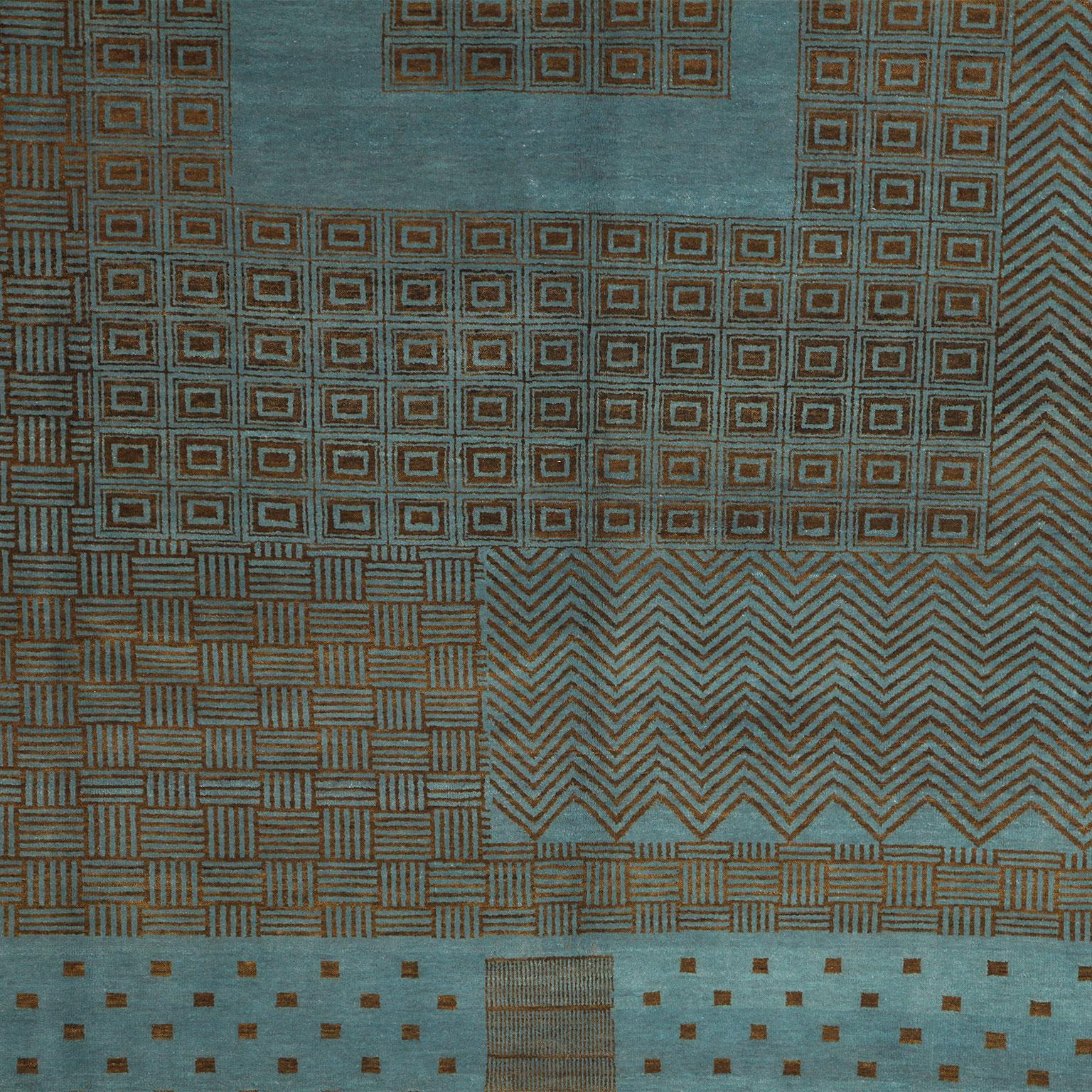Art Deco-inspirierter blauer und brauner geometrischer Perserteppich aus Wolle, 8' x 10' (21. Jahrhundert und zeitgenössisch) im Angebot