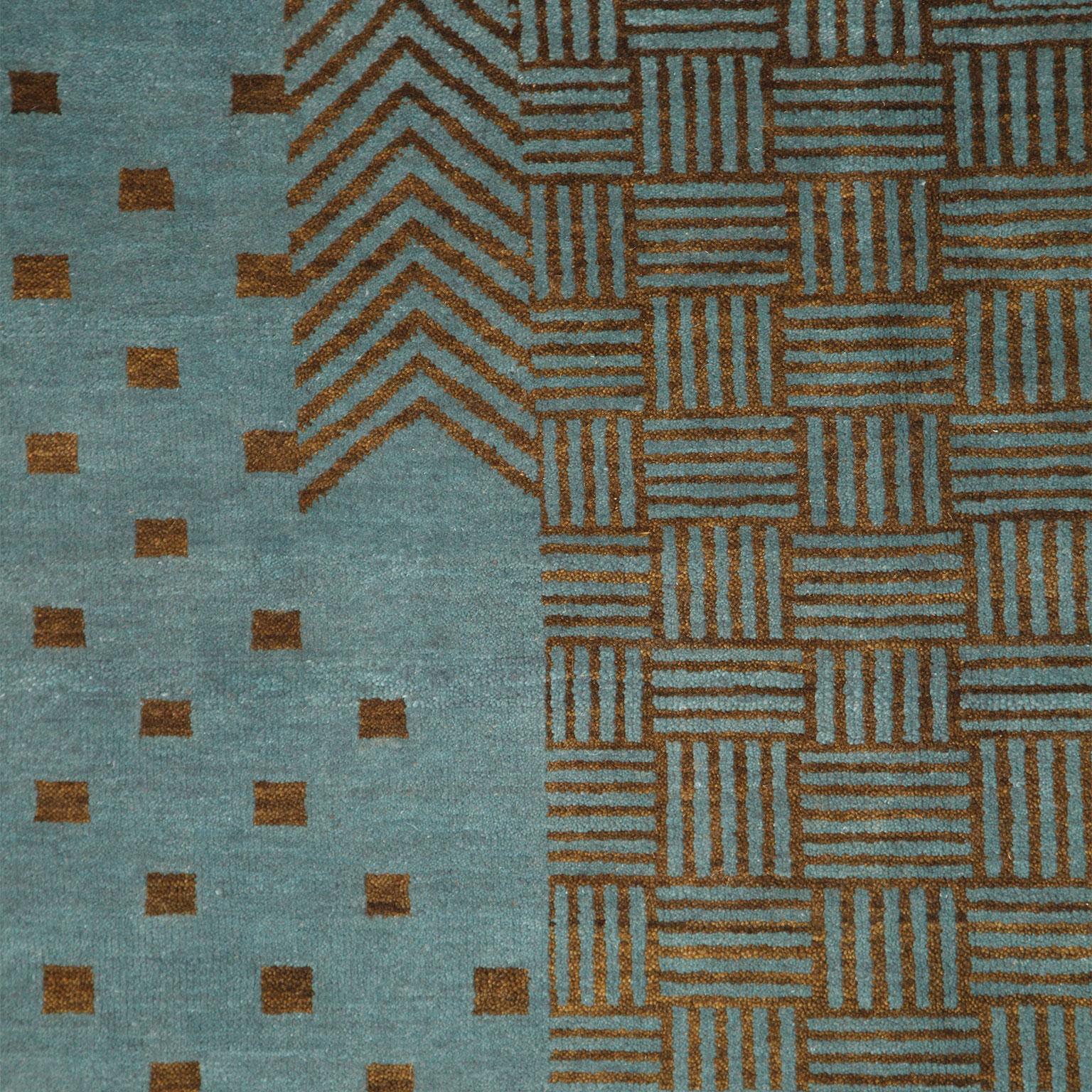 Art Deco-inspirierter blauer und brauner geometrischer Perserteppich aus Wolle, 8' x 10' im Angebot 1