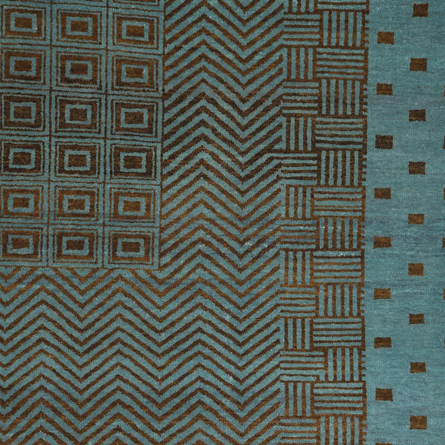 Art Deco-inspirierter blauer und brauner geometrischer Perserteppich aus Wolle, 8' x 10' im Angebot 2