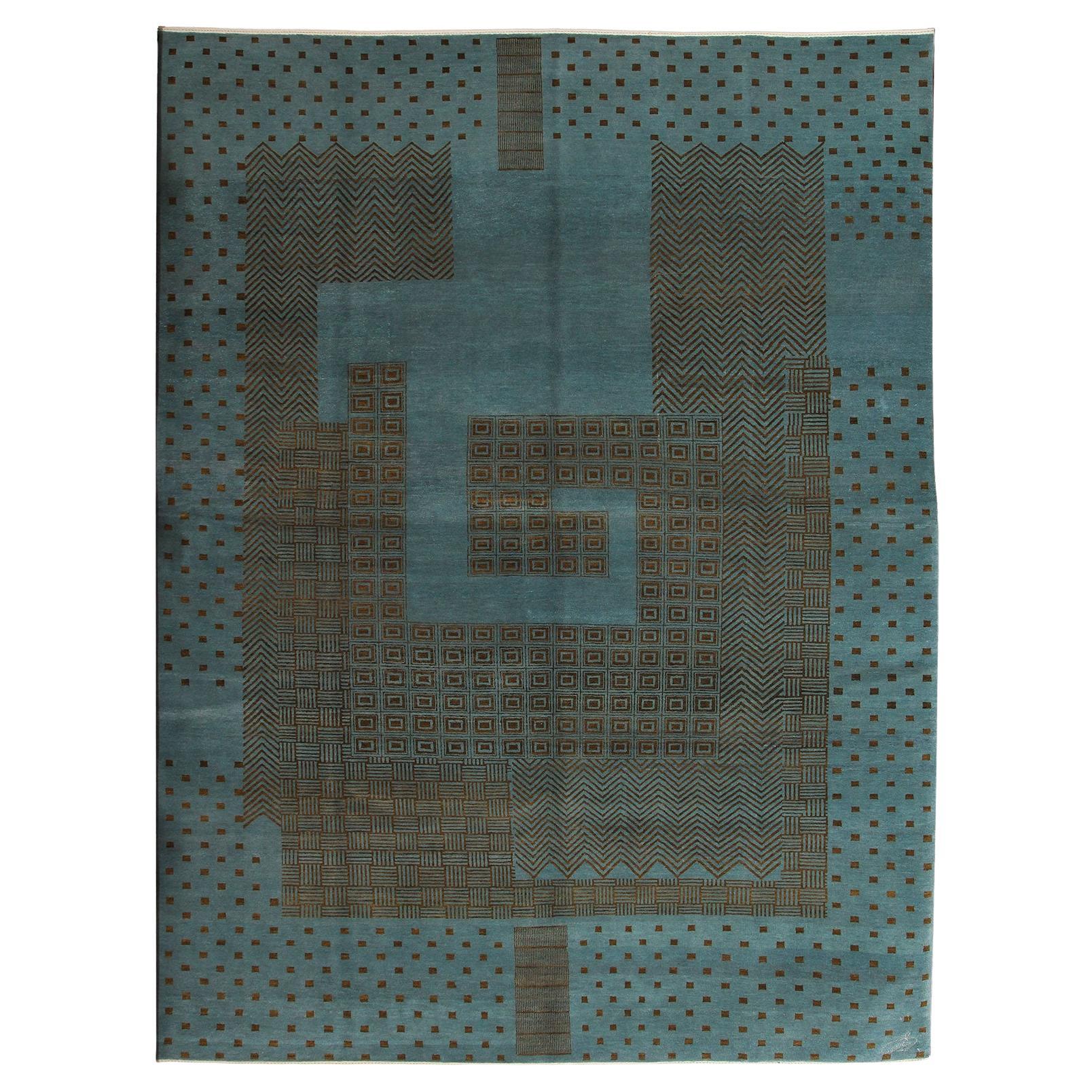 Art Deco-inspirierter blauer und brauner geometrischer Perserteppich aus Wolle, 8' x 10' im Angebot