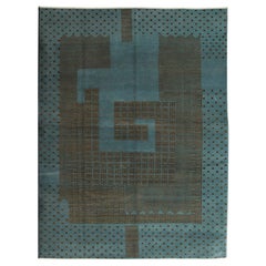 Alfombra persa geométrica de lana, azul y marrón, inspirada en el art déco, 20 x 25 cm