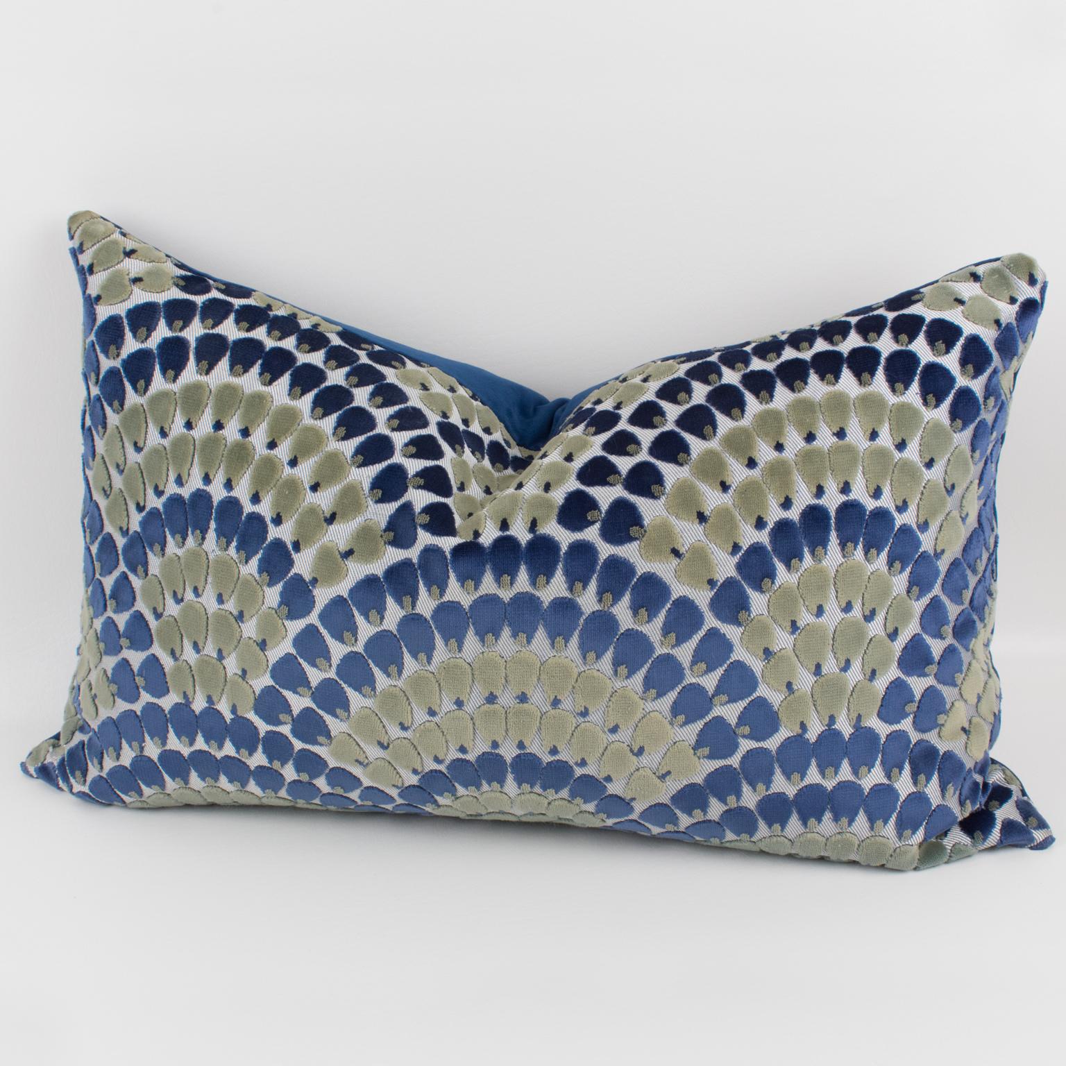 Contemporary Art Deco Inspired Blue and Green Velvet Throw Pillow