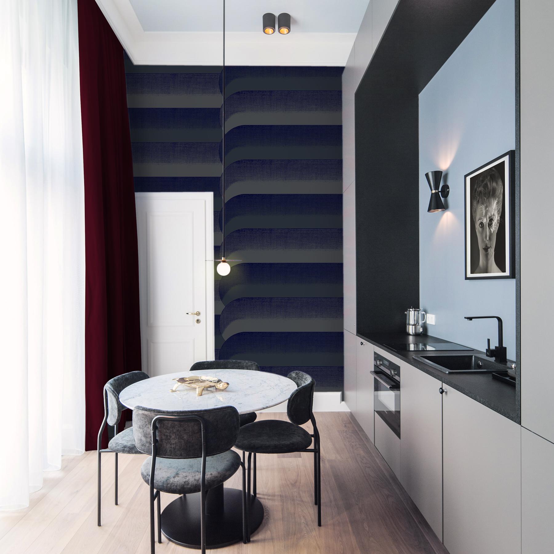 Art Déco Carta da parati blu e grigia di ispirazione Art Deco: Blu notte smerlato in vendita