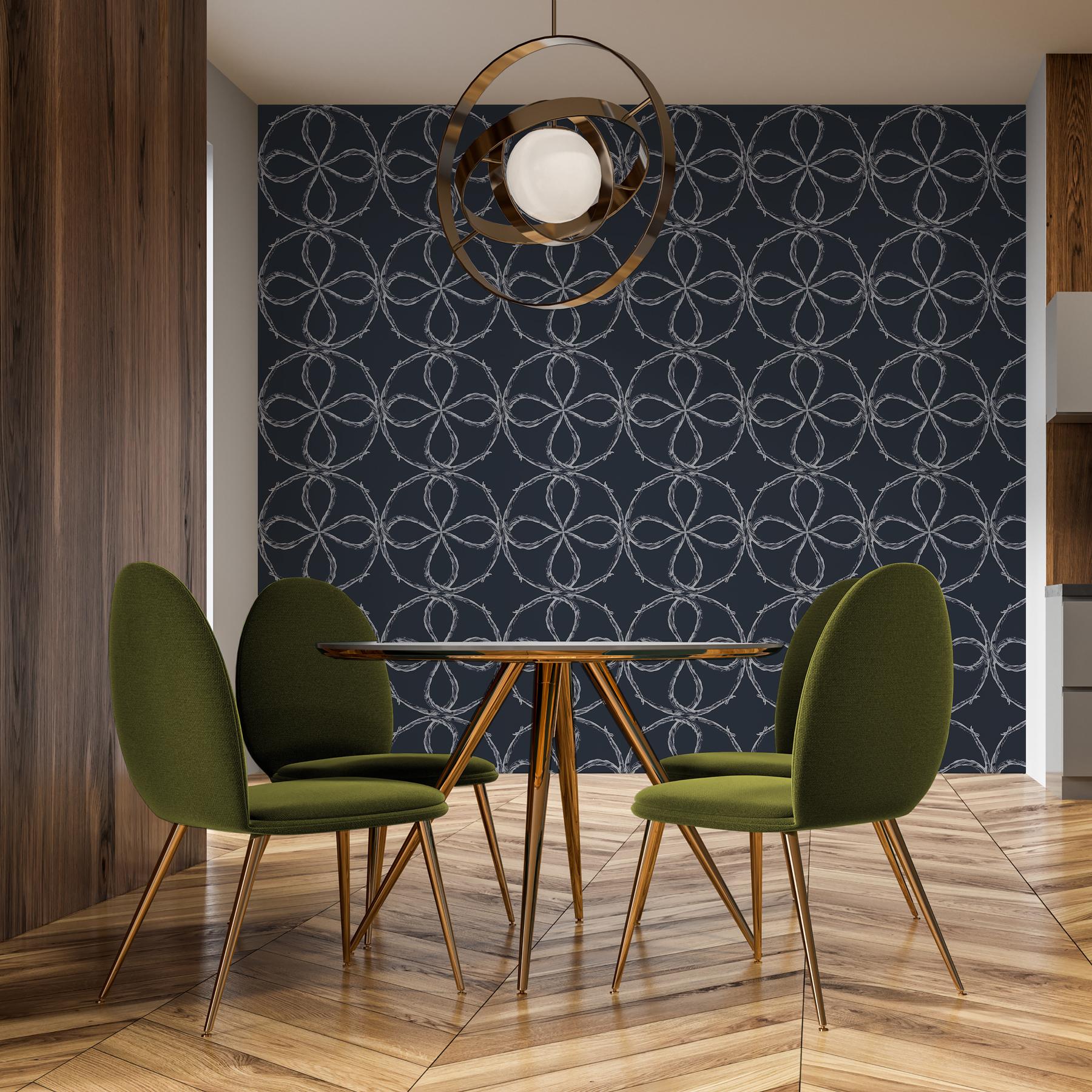 Britannico Carta da parati blu e grigia di ispirazione Art Deco: Quatrefoil Blueberry in vendita