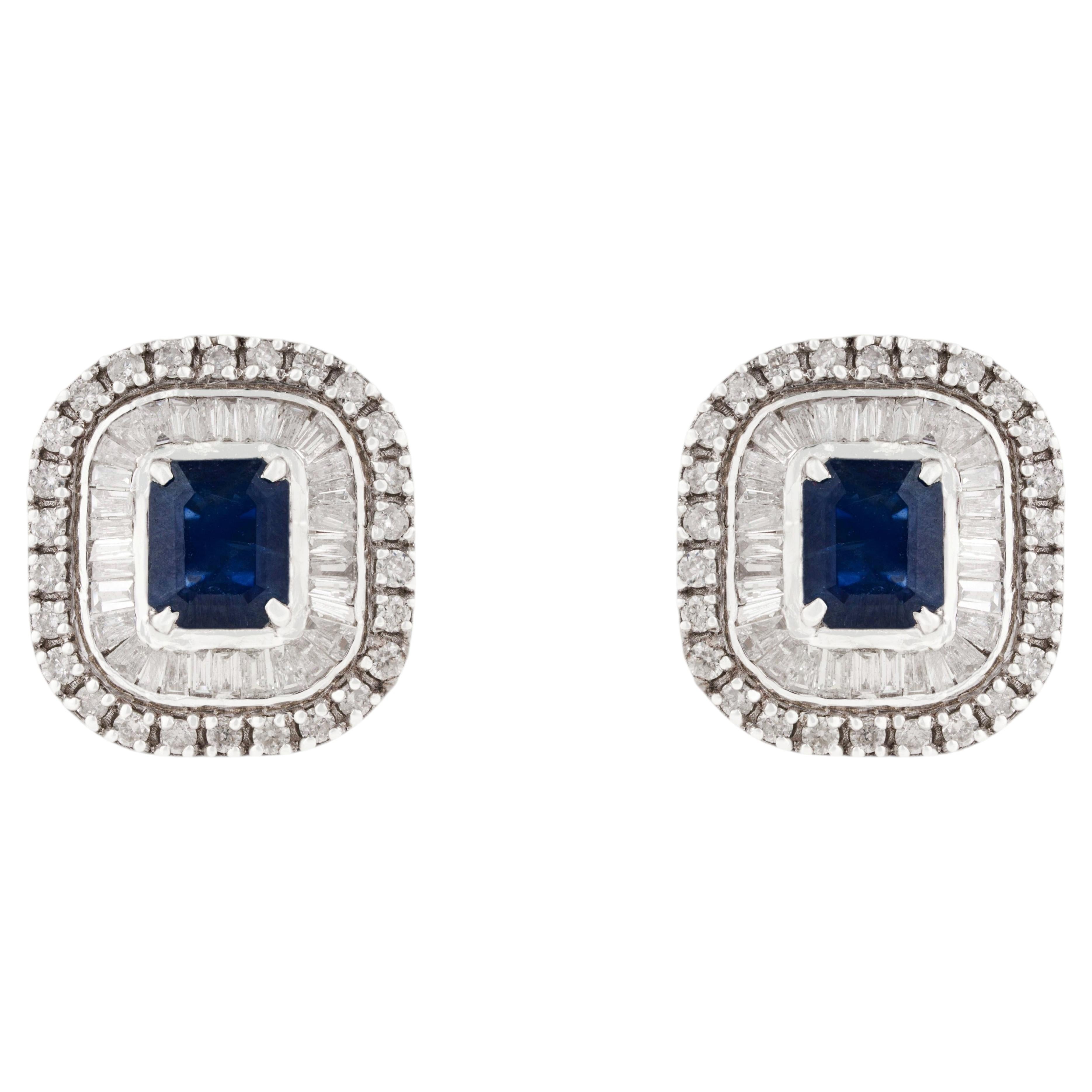 Art Deco Inspired Blue Sapphire & Diamond Halo Stud Earrings in 14K White Gold
