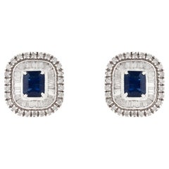 Boucles d'oreilles saphir bleu et diamant en or blanc 14K d'inspiration Art Déco