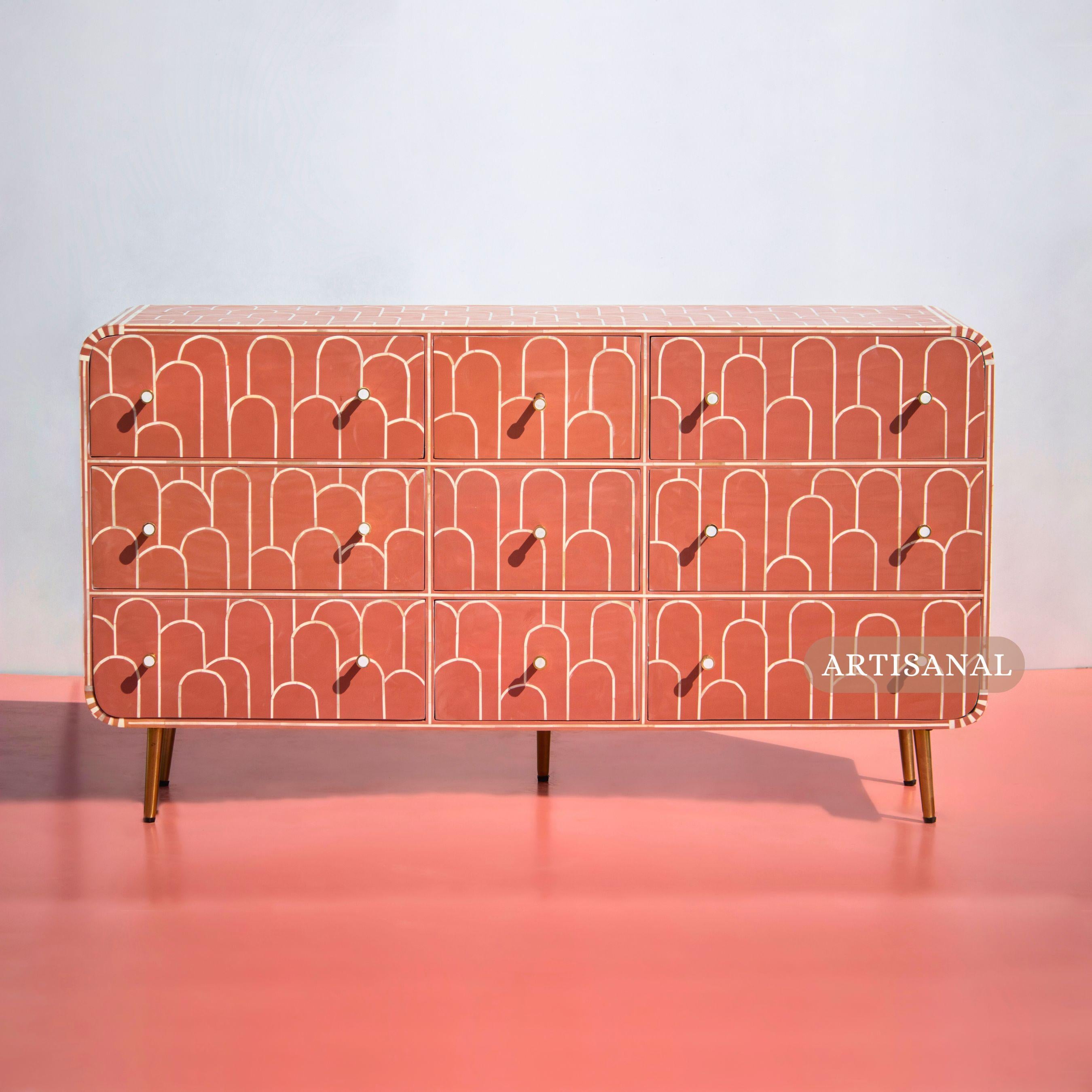Mid-Century Modern Art Deco Inspired Bone Inlay Dresser – Geometric Elegance in Coral by Artisanal For Sale