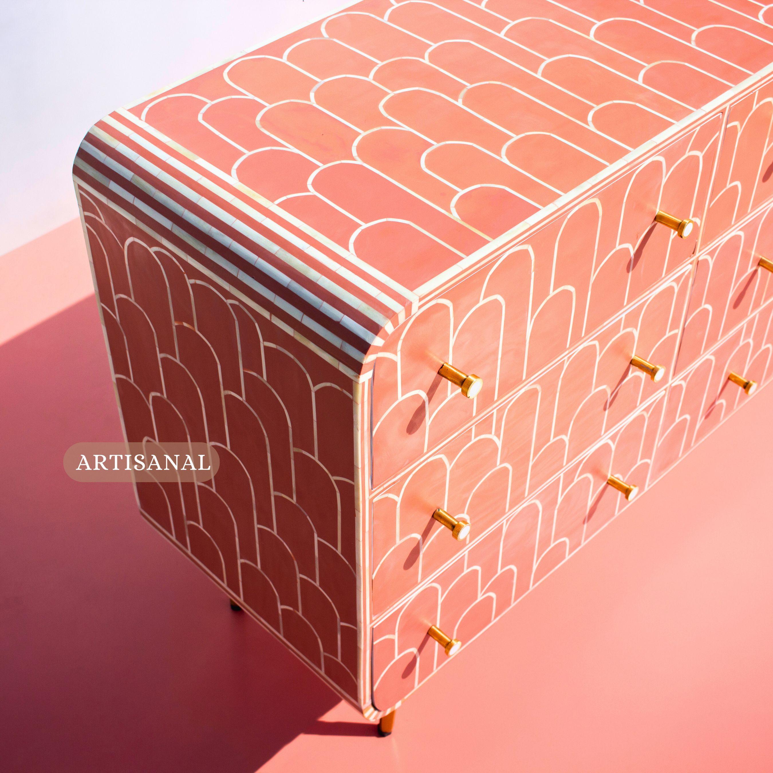Indian Art Deco Inspired Bone Inlay Dresser – Geometric Elegance in Coral by Artisanal For Sale