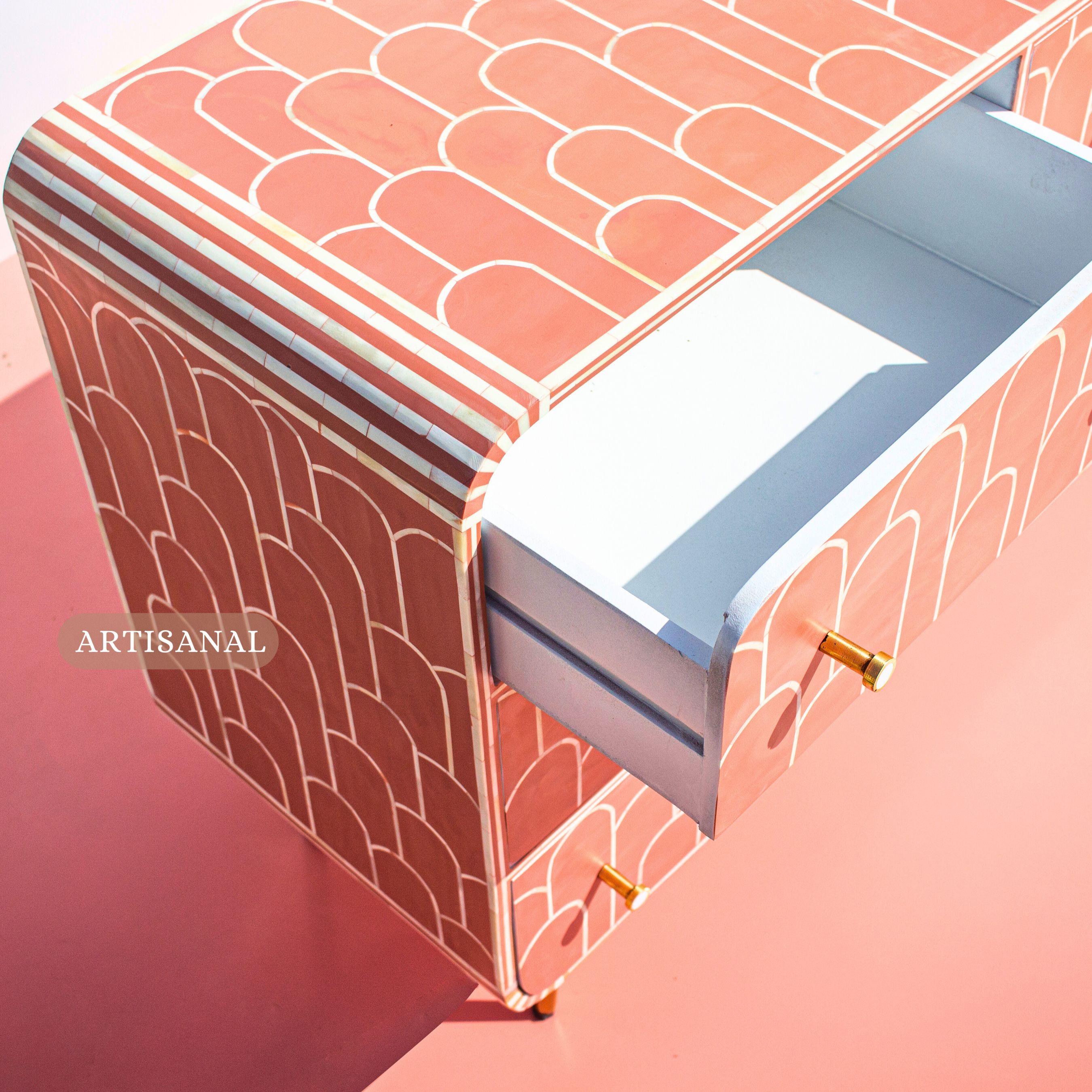 Art Deco Inspired Bone Inlay Dresser – Geometric Elegance in Coral by Artisanal In New Condition For Sale In New York, NY