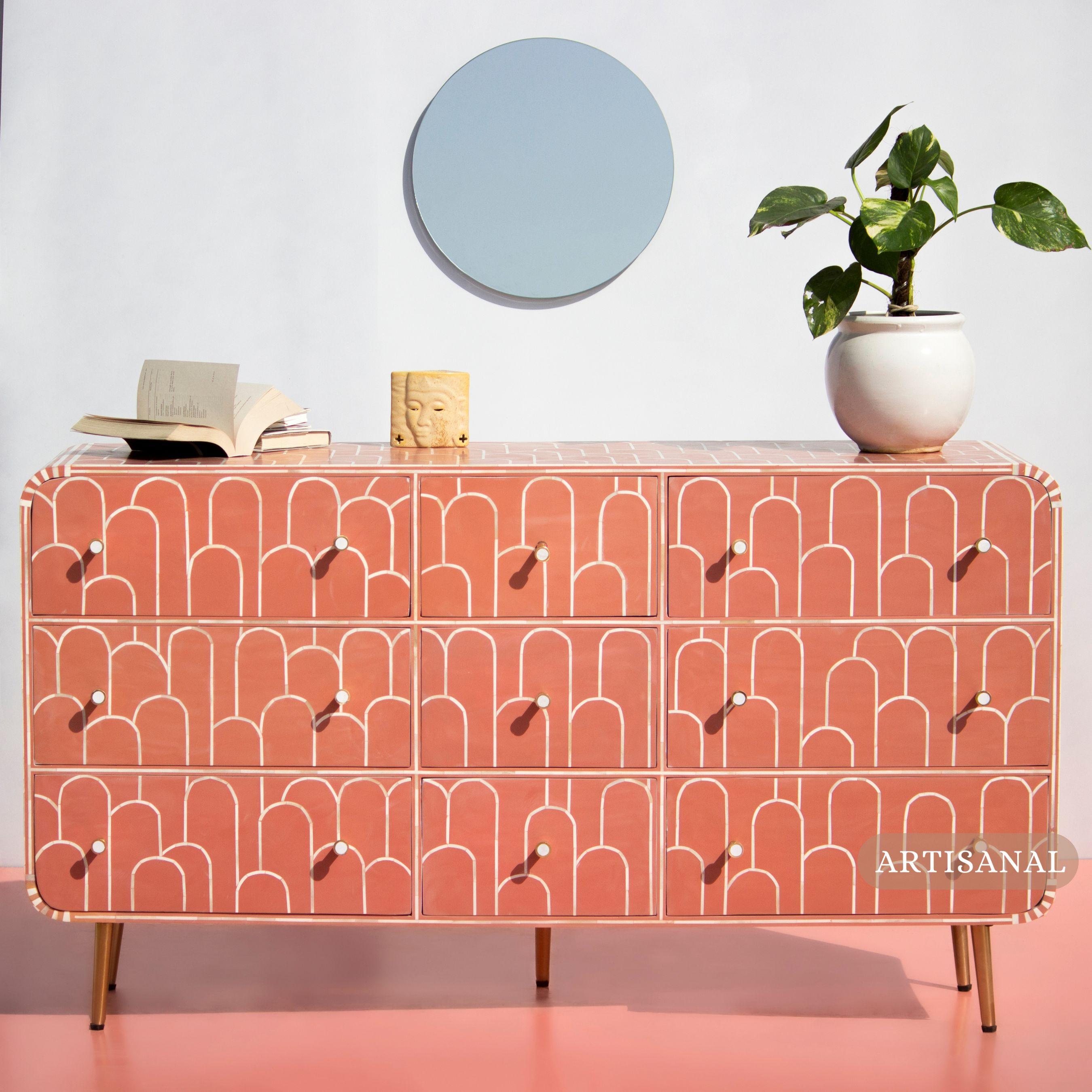 Contemporary Art Deco Inspired Bone Inlay Dresser – Geometric Elegance in Coral by Artisanal For Sale