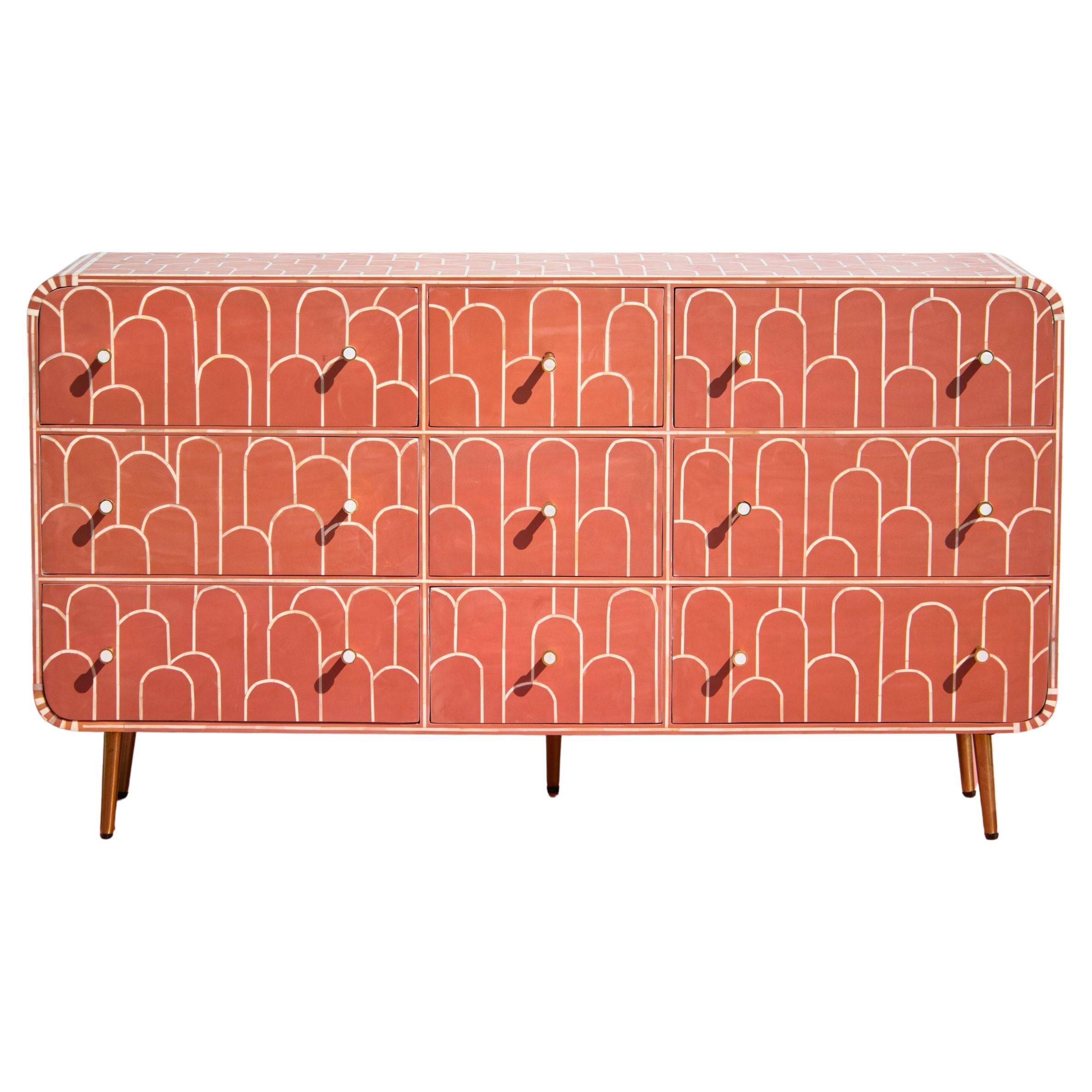 Art Deco Inspired Bone Inlay Dresser – Geometric Elegance in Coral by Artisanal For Sale