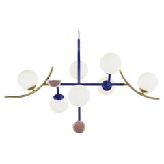 Art-Deco Inspired Brass, Cobalt Powder-Coated, Blossom Detail Helio Pendant Lamp