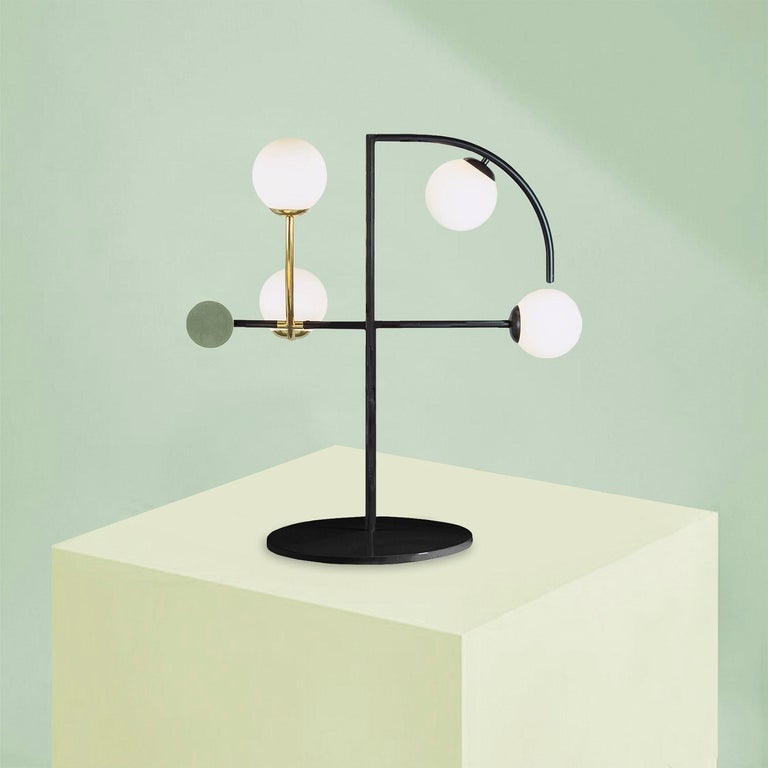 Contemporary Art-Deco inspired Brass, Green Powder-coated, Blossom Rose Wood Helio Table Lamp For Sale