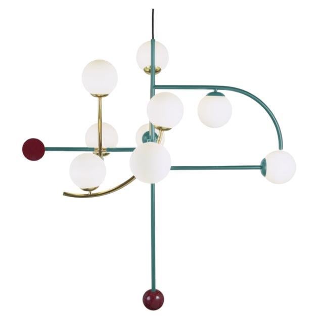 Art-Deco Inspired Brass Mint, Wine Red Detail Helio I Pendant Lamp by UTU Lamps