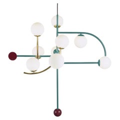 Art-Deco Inspired Brass Mint Powder-Coated, Wine Red Detail Helio I Pendant Lamp