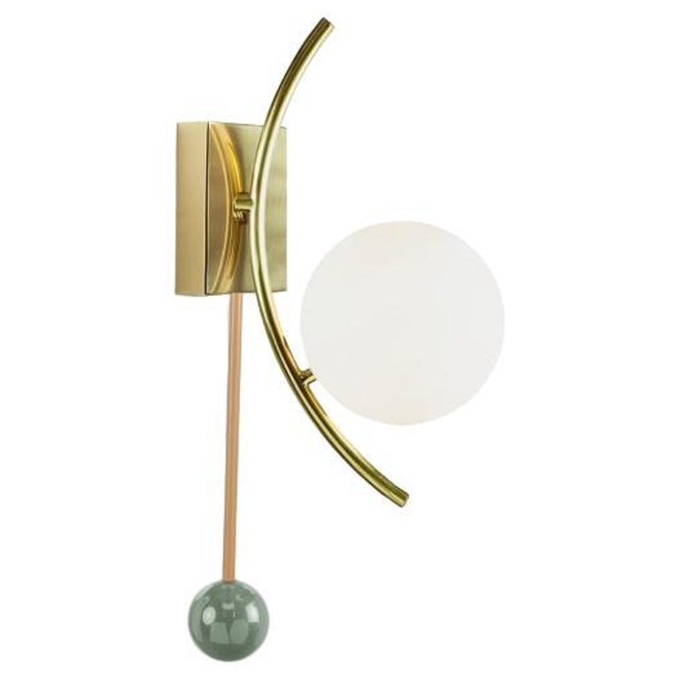 Art-Deco Inspired Brass, Salmon Pink, Aloe Green Wood Helio Wall Sconce For Sale