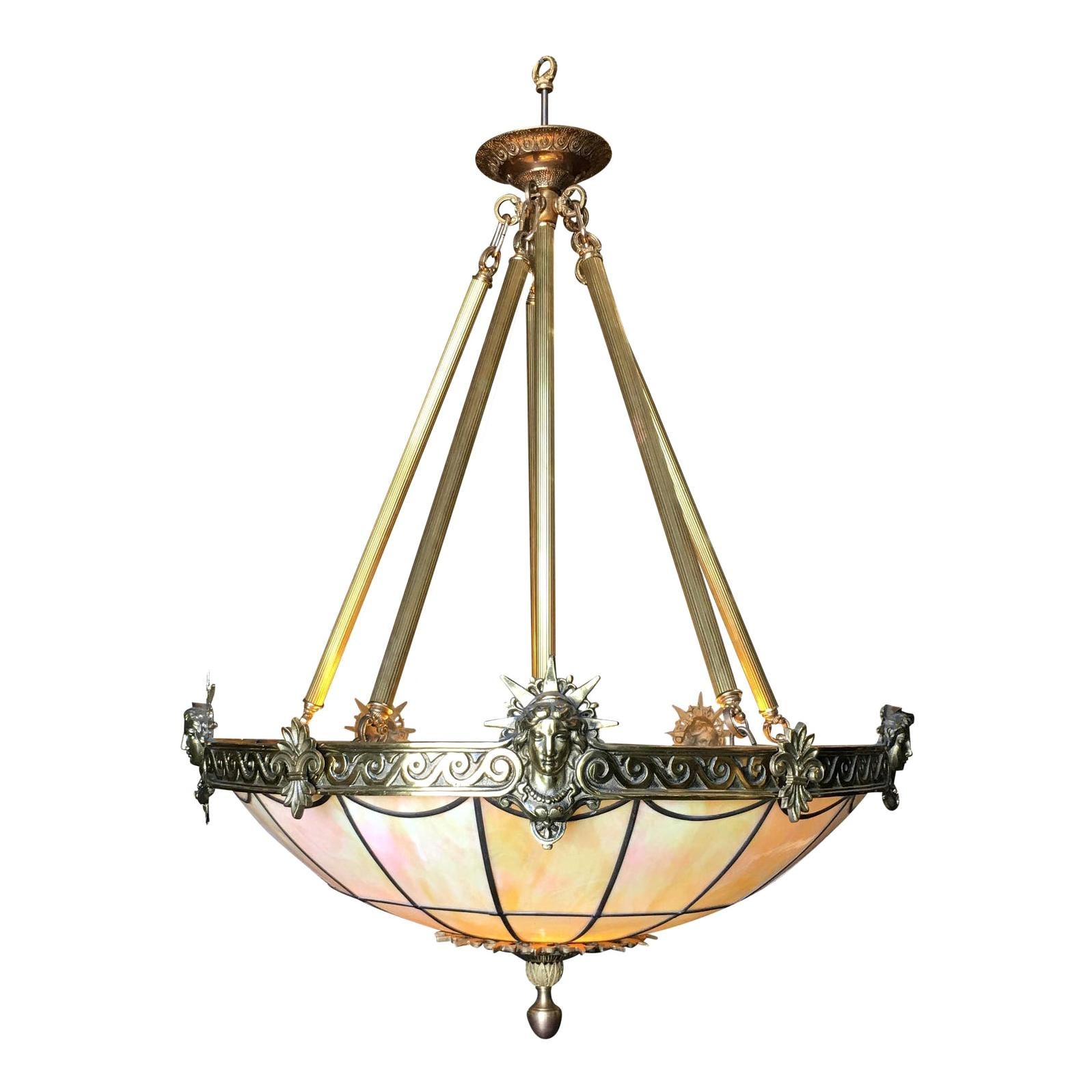 Art Deco Inspired Bronze "Liberty" Stained Glass Chandelier