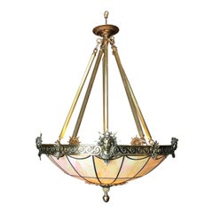 Vintage Art Deco Inspired Bronze "Liberty" Stained Glass Chandelier