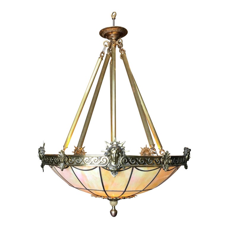 Art Deco Inspired Bronze "Liberty" Stained Glass Chandelier at 1stDibs
