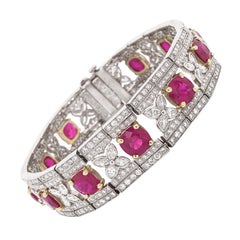 Art Deco Inspired Burmese Cushion Cut Rubies 14.11 Carat Platinum Link Bracelet