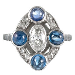 Art Deco Inspired Cabochon Sapphire & Diamond Ring
