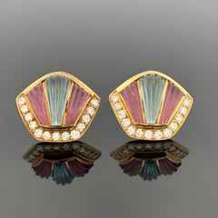 Art Deco Inspired Carved Gemstone & Diamond 18k Yellow Gold Earrings