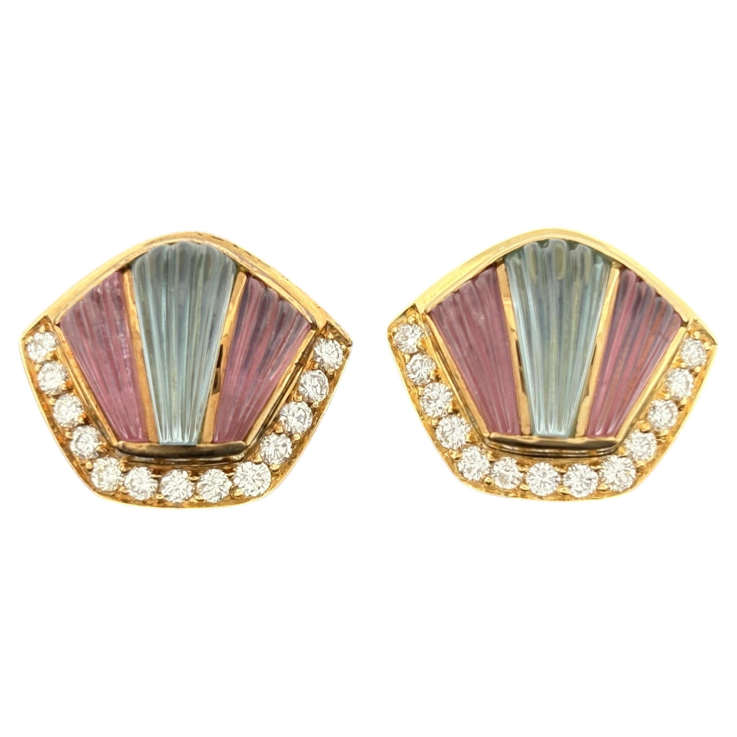 Art Deco Inspired Carved Gemstone & Diamond 18k Yellow Gold Earrings