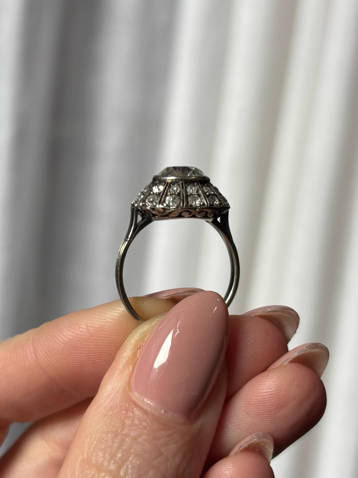 Art Deco Inspired Certified 2.30ct Old European Cut Diamond Cluster Ring in 18k For Sale 7