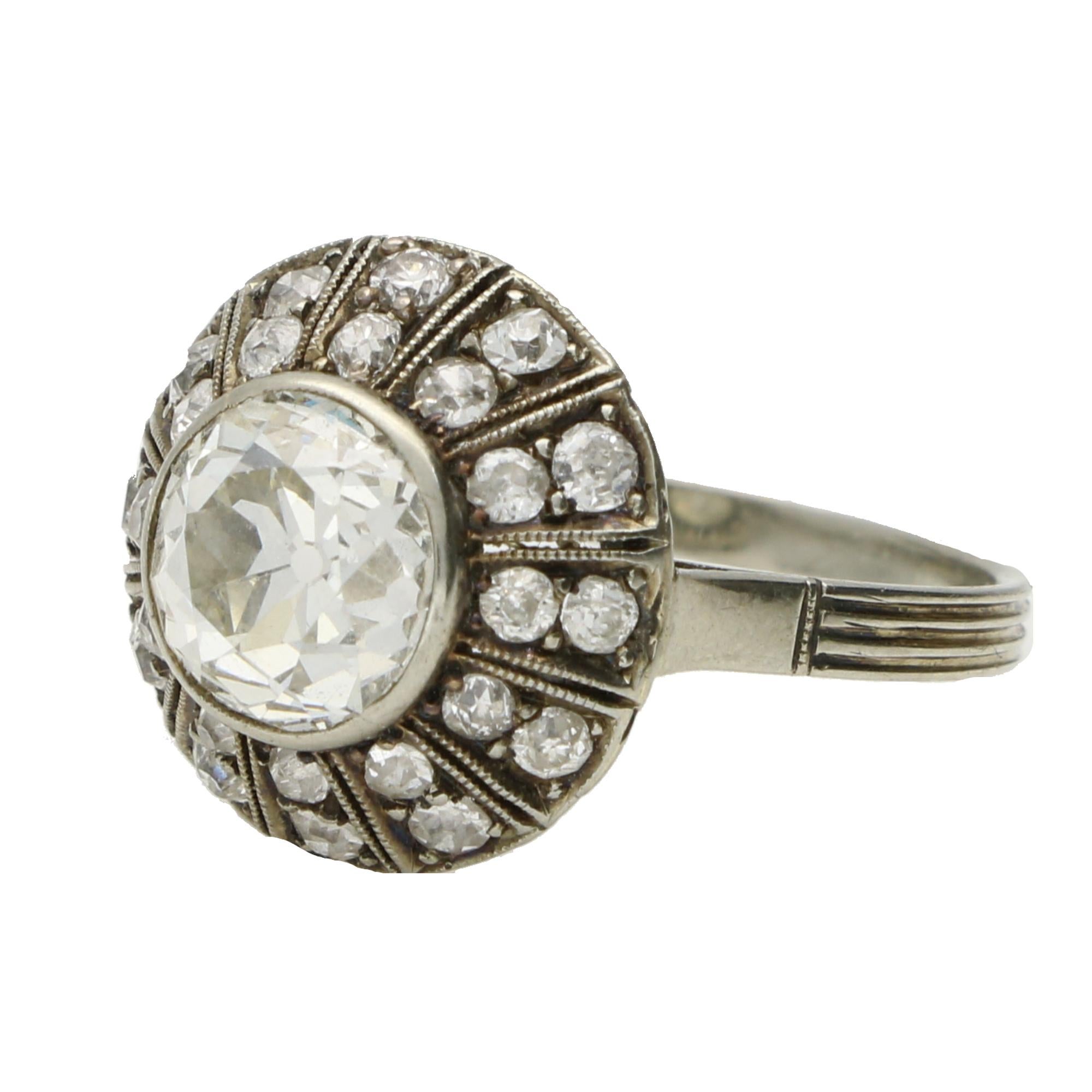 Art Deco Inspired Certified 2.30ct Old European Cut Diamond Cluster Ring in 18k In Excellent Condition For Sale In London, GB