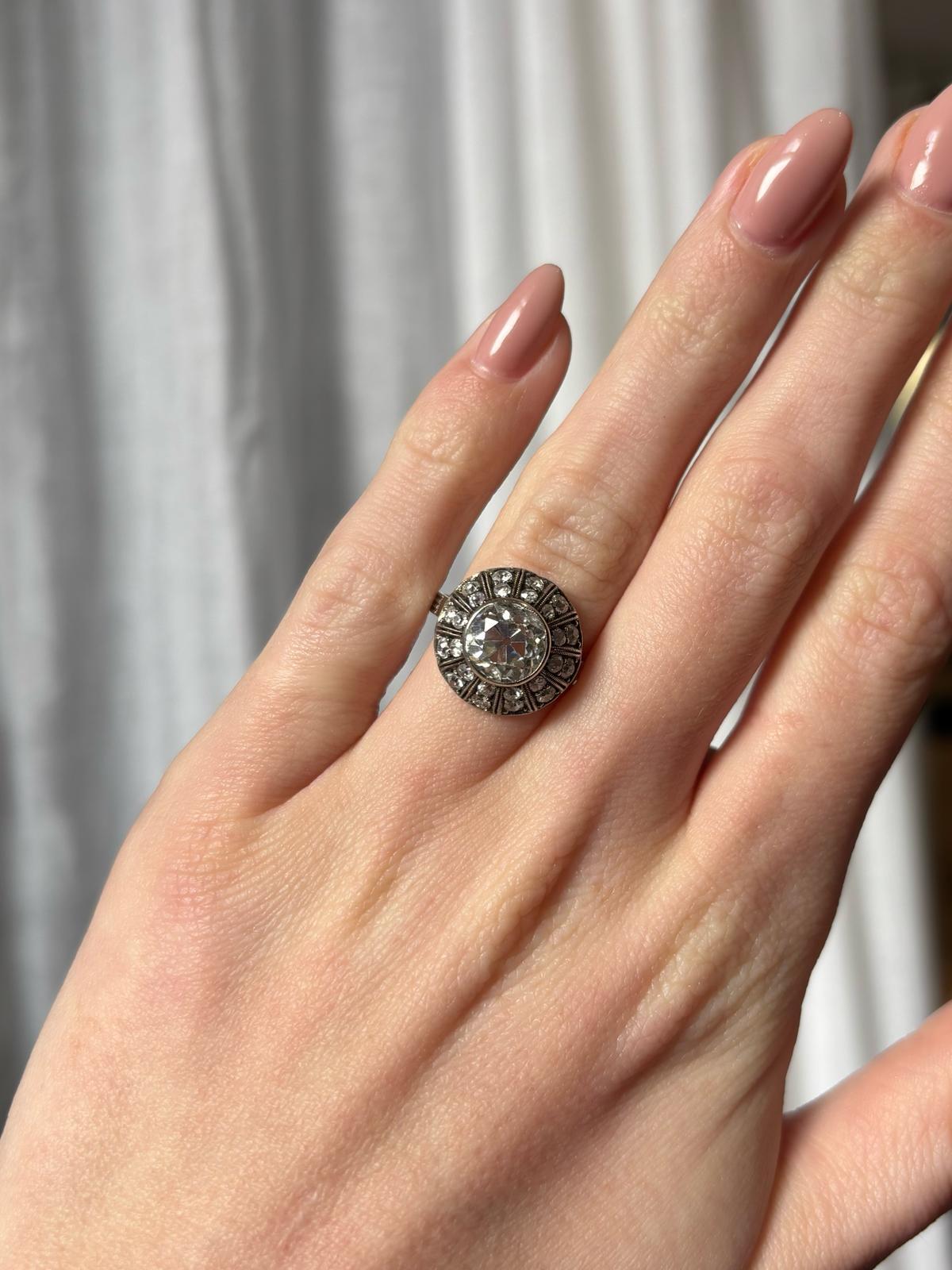 Art Deco Inspired Certified 2.30ct Old European Cut Diamond Cluster Ring in 18k For Sale 2