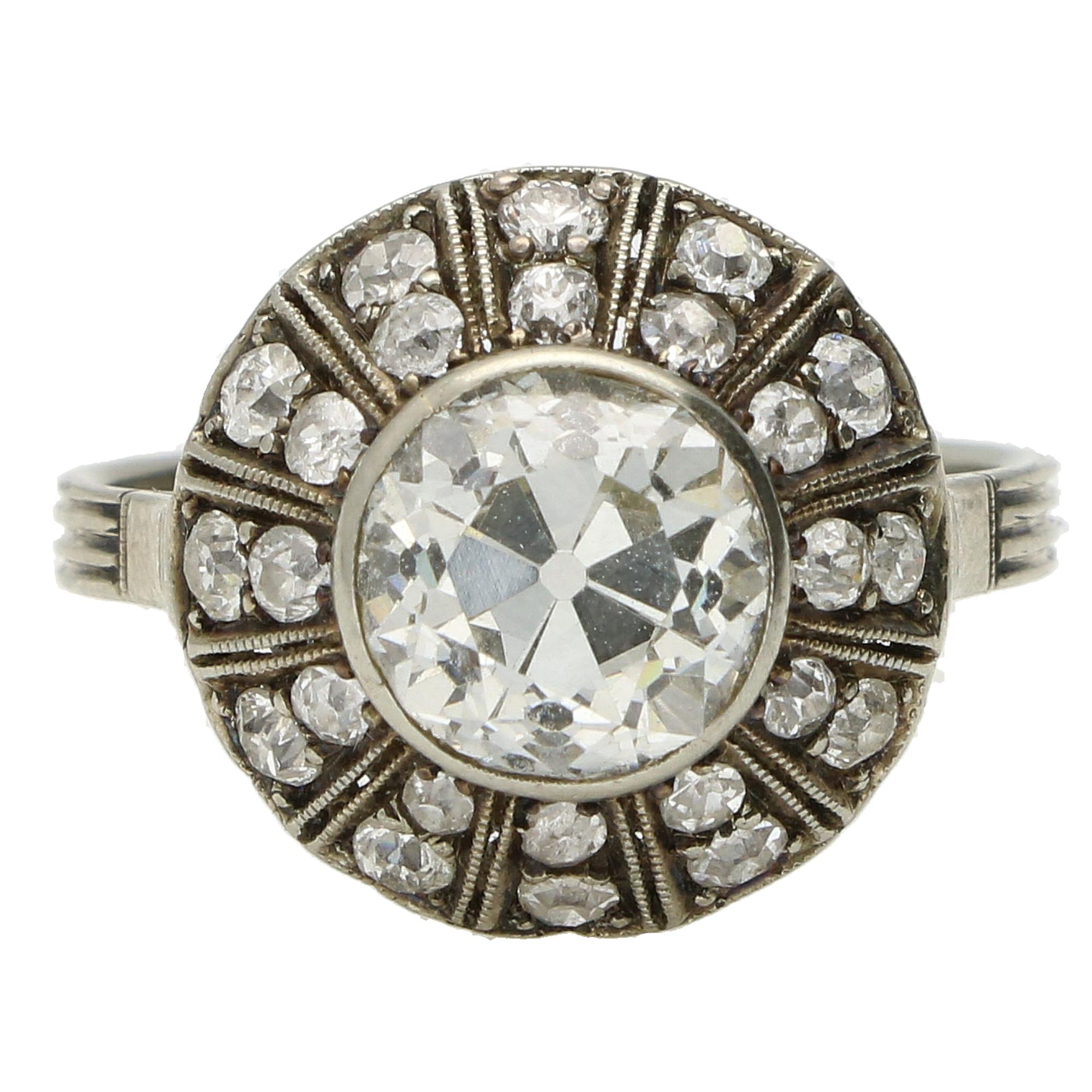 Art Deco Inspired Certified 2.30ct Old European Cut Diamond Cluster Ring in 18k For Sale 3