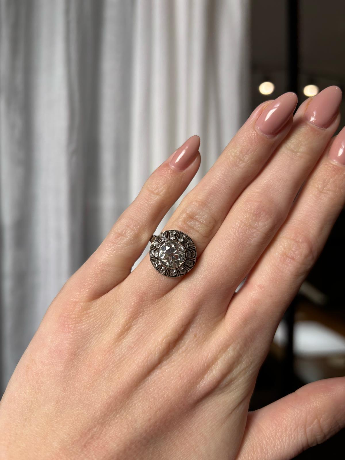Art Deco Inspired Certified 2.30ct Old European Cut Diamond Cluster Ring in 18k For Sale 4