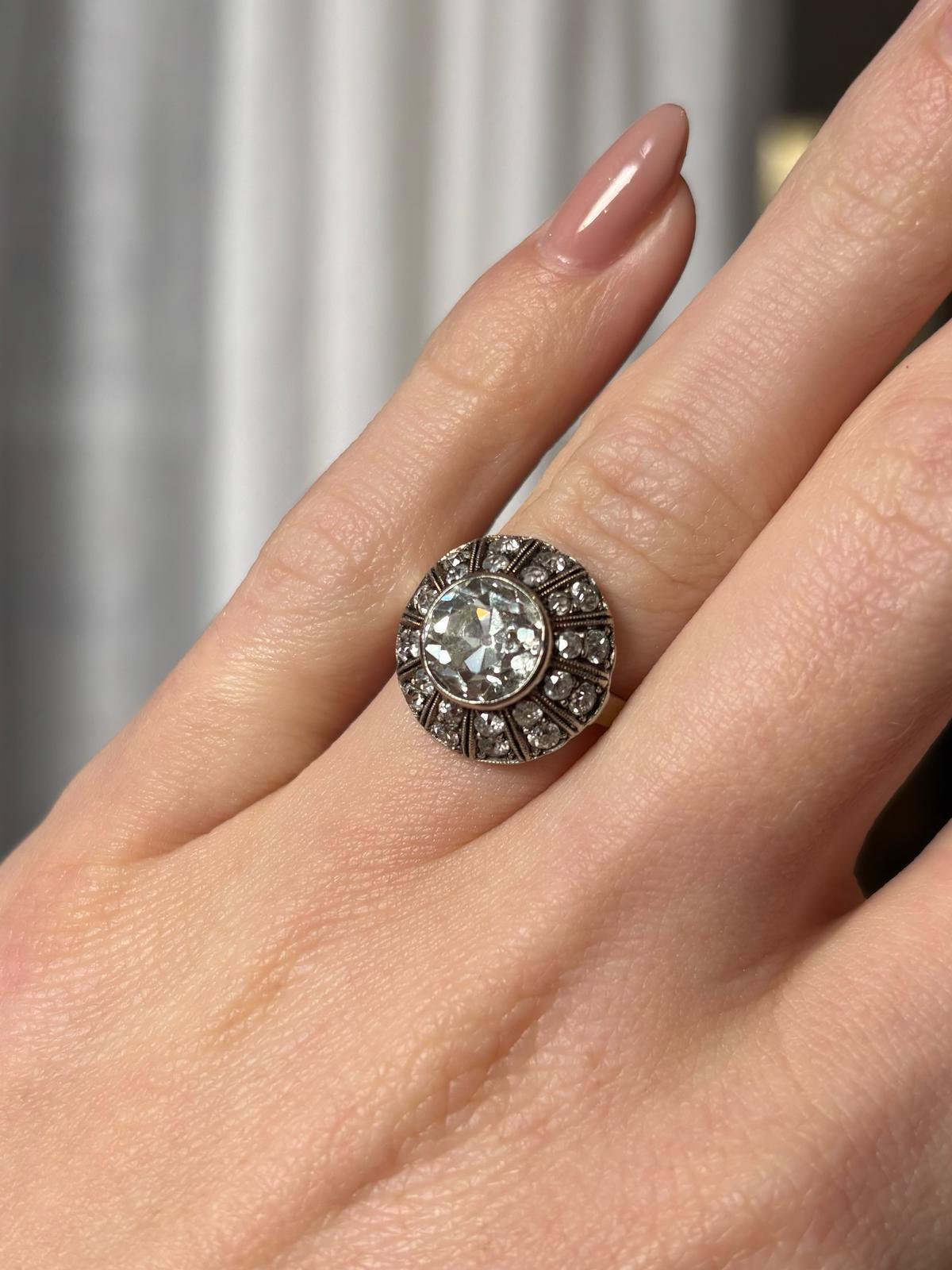 Art Deco Inspired Certified 2.30ct Old European Cut Diamond Cluster Ring in 18k For Sale 5