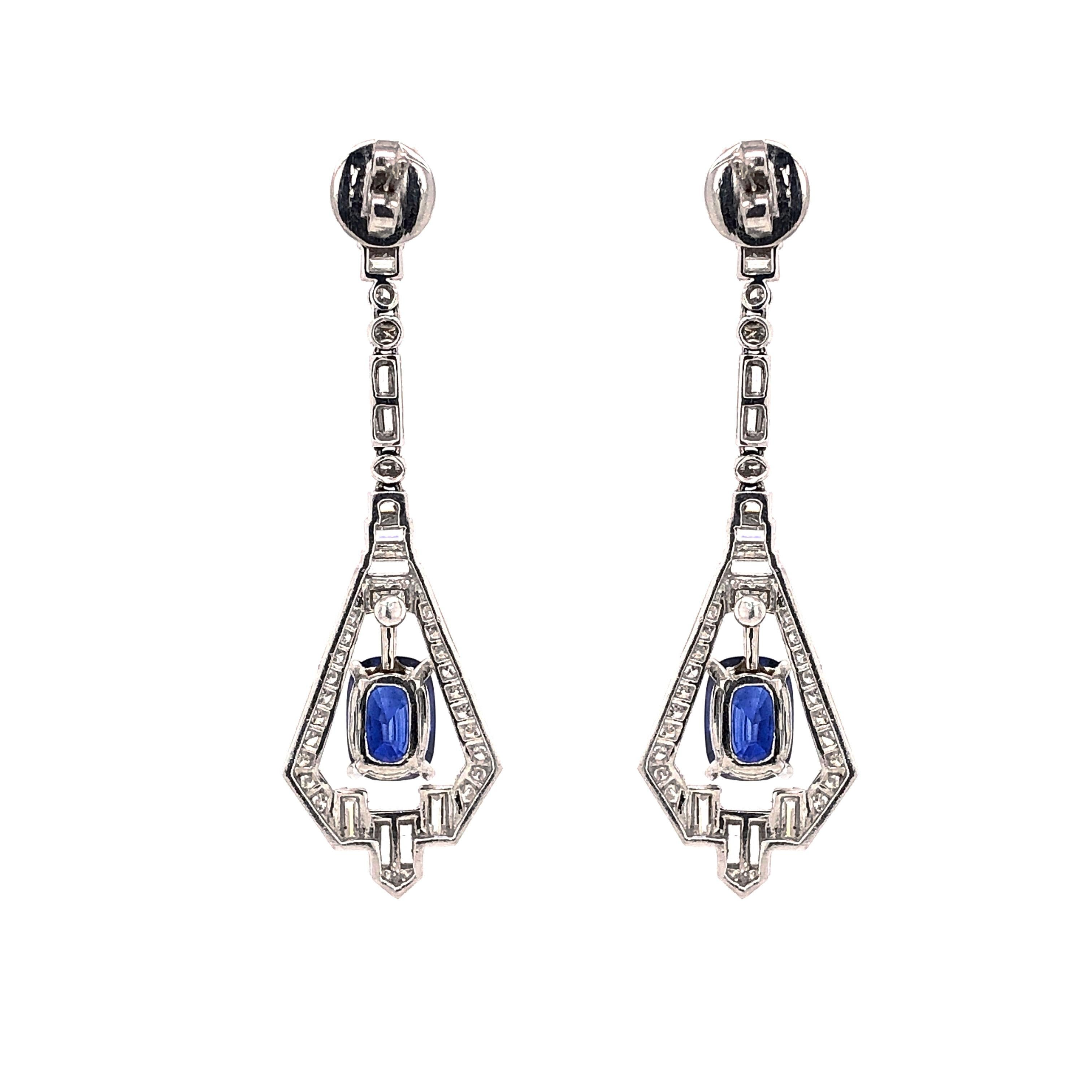 Contemporary Art Deco Inspired Ceylon Oval Cut Sapphire 5.89 Carat Diamond Platinum Earrings For Sale