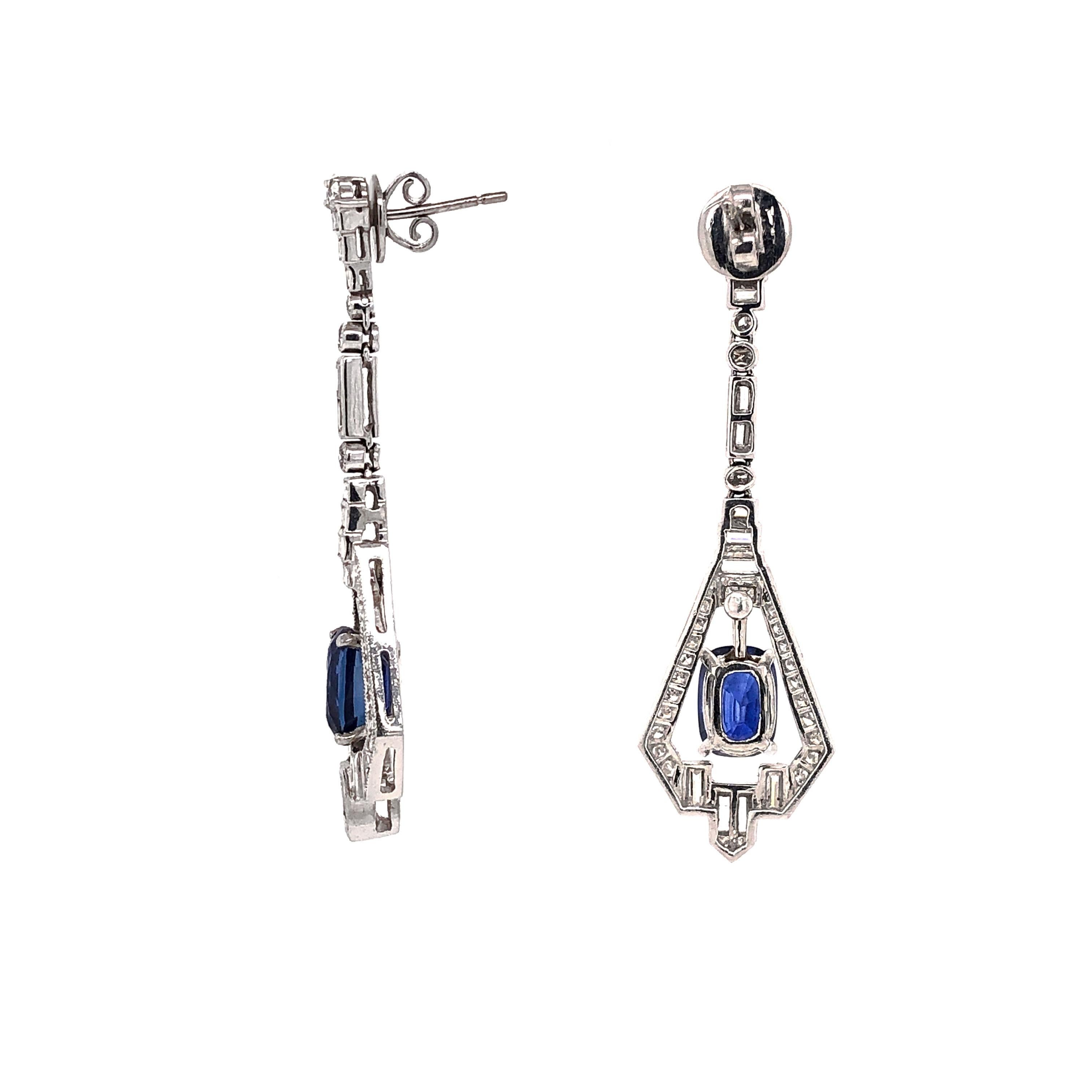 Round Cut Art Deco Inspired Ceylon Oval Cut Sapphire 5.89 Carat Diamond Platinum Earrings For Sale