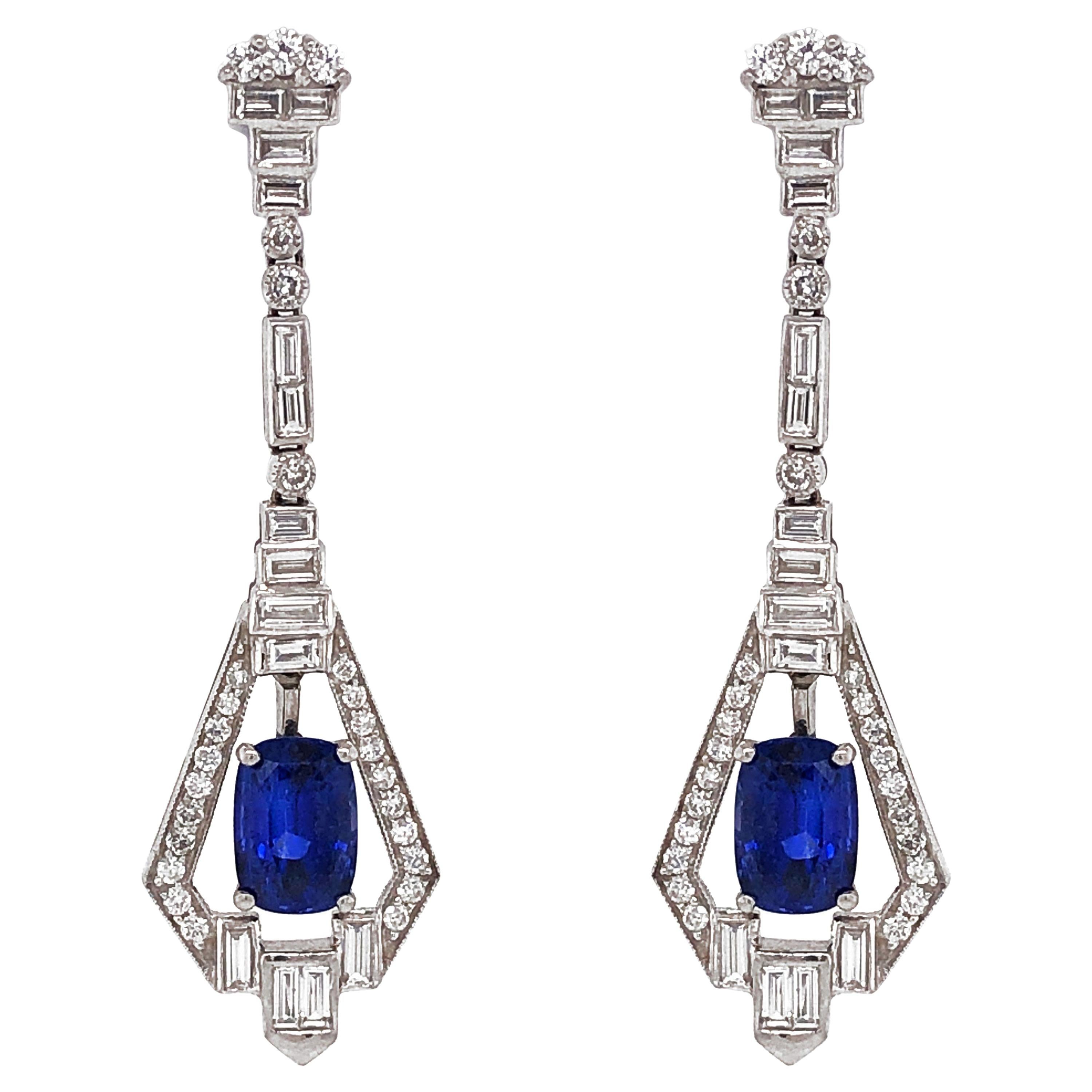 Art Deco Inspired Ceylon Oval Cut Sapphire 5.89 Carat Diamond Platinum Earrings For Sale