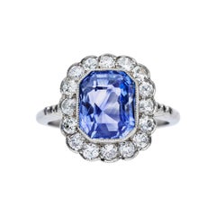 Art Deco Inspired Ceylon Sapphire and Diamond Platinum Ring