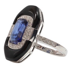 Art deco inspired,  Ceylon Sapphire, Onyx and Natural Diamonds in Platinum ring