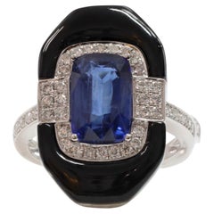 Art deco inspired,  Ceylon Sapphire, Onyx and Natural Diamonds in Platinum ring