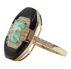 Art Deco inspiriert, kolumbianischer Smaragd, Onyx und Diamanten in 14ct Gelbgold