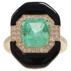 Art Deco inspiriert, kolumbianischer Smaragd, Onyx und Diamanten in 14ct Gelbgold