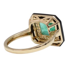 Art deco inspired, Colombian Emerald, Onyx and Diamonds in 14ct Yellow Gold ring