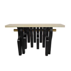 Art Deco Inspired Console Table In Birdeye Wood, Wenge Wood & Polished Brass
