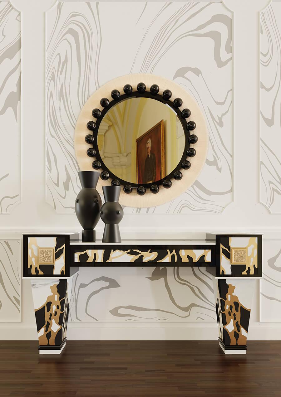 XXIe siècle et contemporain Table console de style Art Déco en marbre Estremoz, marqueterie de bois et détails en laiton en vente